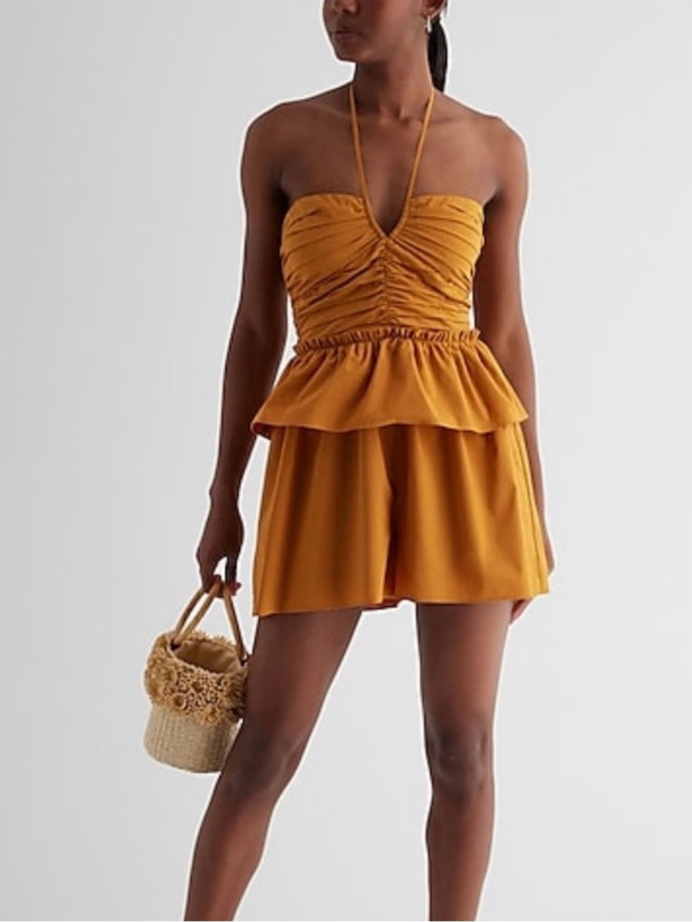 Express Mustard Ruched Halter Peplum Jumpsuit